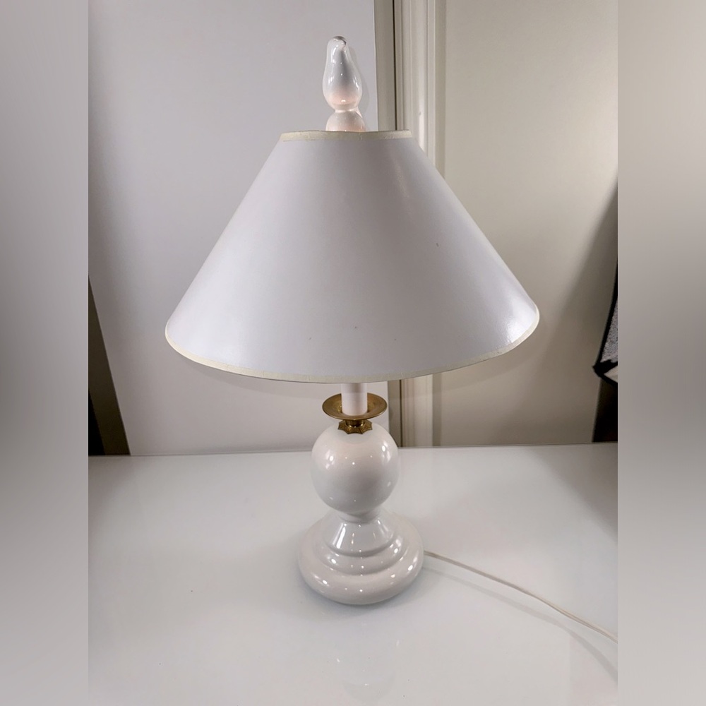 Mackenzie Childs, white ceramic bird finial lamp  23"tall Paper Shade